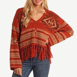 AZTEC FRINGE STEER SKULL CARDIGAN SWEATER
